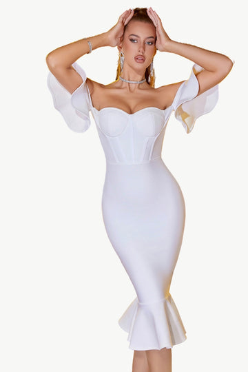 White Bodycon Off The Shoulder Midi Formal Dress With Ruffles